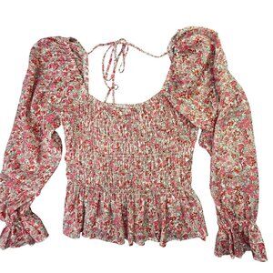 Lucy Paris Shirt Womens Medium Pink Floral Smocked Puff Sleeve Peplum Tie Back